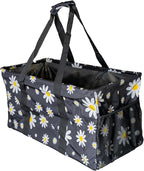 Extra Large Utility Tote Bag - Oversized Collapsible Reusable Wire Frame Rectangular Canvas Basket With Two Exterior Pockets For Beach, Pool, Laundry, Car Trunk, Storage - Black Daisy