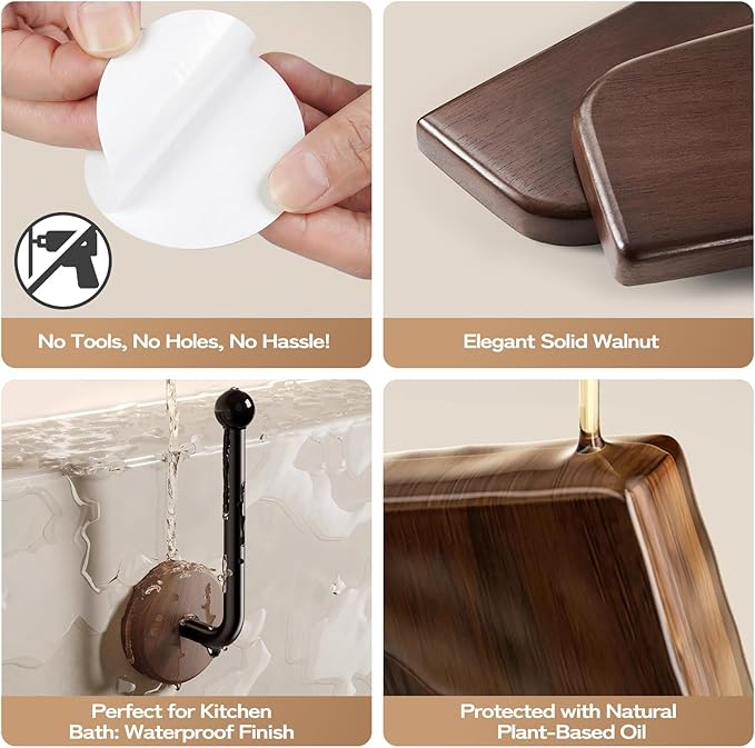 SCUNDA Adhesive Hat Holder Storage Organizer - Wall Mounted & Door Back Hat Rack with Wood Base & Metal Rod for Closet, Cabin