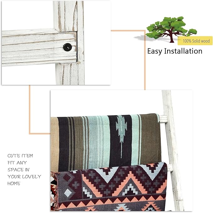 FUIN Extra Wide 6.4ft Wooden Blanket Ladder Living Room Decorative Wal Leaning Farmhouse Quilt Display Holder Rustic Wood Tow