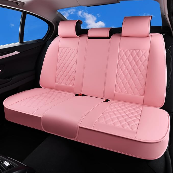 Huidasource Pink Rear Seat Covers, Nappa Leather Back Seat Covers Velcro Adjustable, Compatible with Armrests, Seat Belts, Ch
