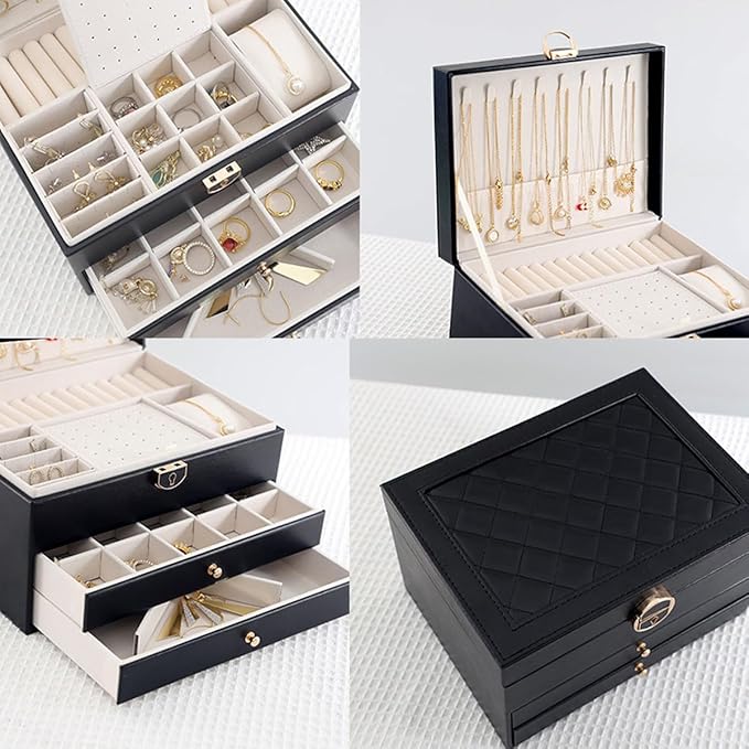 GUOER Jewelry Box for Women Girl Wife 3 Layers Large PU Leather Jewelry Organizer Storage Case with Two drawers Display for E