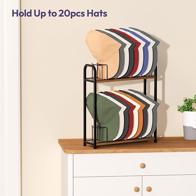 SWTYMIKI Hat Stand for Baseball Caps - 2 Tier Wood & Metal Removable Tabletop Hat Organizer Storage Display Rack, Holds up to