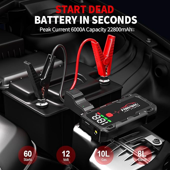 FOWAWU 22800 mAh 6000 A Peak Jump Starter for 12 V Vehicles (10 L Petrol / 8 L Diesel) and Moto, Car Battery Jump Starter