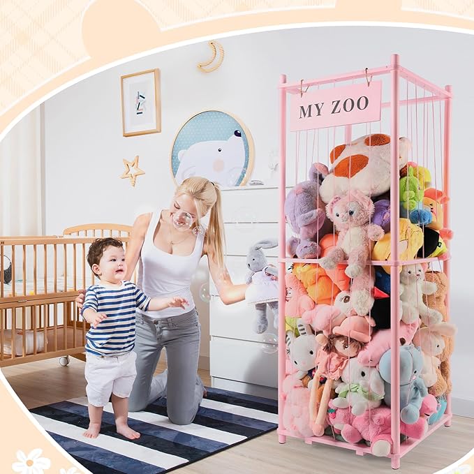 GLDZI Stuffed Animal Storage Zoo, Wooden Stuffed Animal Organizer with Elastic Cords for Boys Girls, Space Saving Toy Plushie
