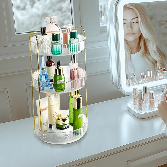 360 Rotating Makeup Organizer - Large Capacity Spinning Perfume & Cosmetic Skincare Holder for Countertop (Pearl White, 3 Tie