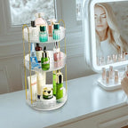 360 Rotating Makeup Organizer - Large Capacity Spinning Perfume & Cosmetic Skincare Holder for Countertop (Pearl White, 3 Tie
