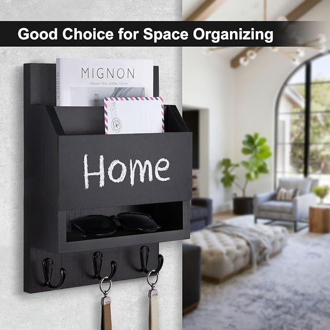 Key and Mail Holder for Wall, Key Holder with Chalkboard and Long Storage Box, Key Hanger with 3 Sturdy Hooks for Coat, Dog L