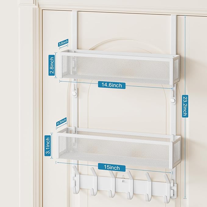 Over The Door Hooks Organizer, Over Door Storage with 12 Coat Hooks and 2 Mesh Basket, Bathroom Door Organizer Towel Rack Bac
