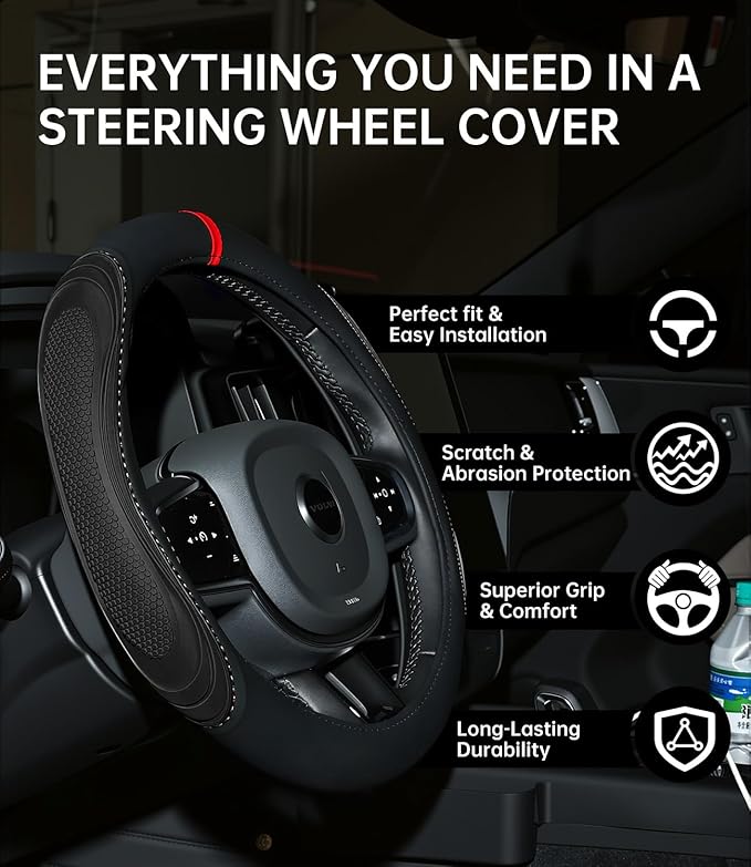 XCBYT Steering Wheel Cover - Black Leather Steering Wheel Wrap Great Grip with 3D Honeycomb Quick and Effortless Installation