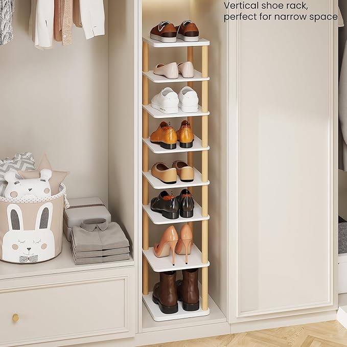 LUCKNOCK Vertical Shoe Rack, 8-Tier Tall Narrow Shoe Organizer for Entryway, Closet, Dorm & Small Spaces, Freestanding Wooden