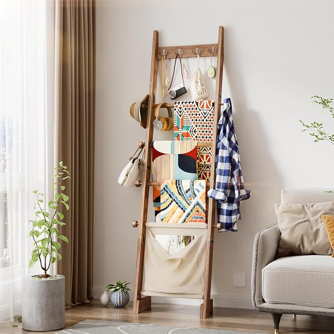 REFGY 5-Tier Blanket Ladder Shelf, 5.3FT (63'') Wall Leaning Blanket Ladders for Living Room Bedroom, Decorative Quilt Rack w