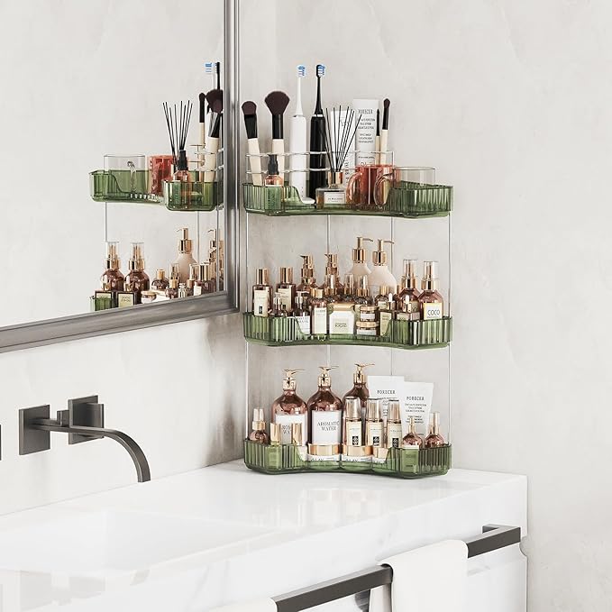 Asayuee 3-Tier Corner Bathroom Counter Organizer with Top Toothbrush Holders,Large Makeup Organizer Countertop with Brush Hol
