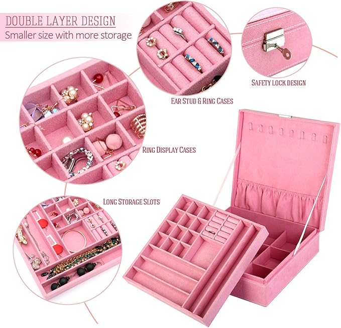 Two-Layer Jewelry Box Organizer Display Storage case with Lock (Pink)