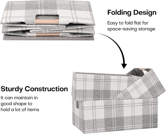 Fabric Storage Bin Box Collapsible Cotton Linen Storage Cube with Wooden Handles Rectangular Decorative Home Organizer Clothe