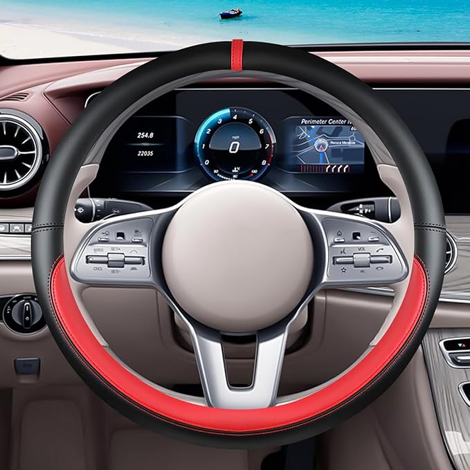 Black Red Car Steering Wheel Cover, Nappa Leather, Bottom Color Blocking, Universal 14.5-15 Inch Leather Anti-Slip Breathable