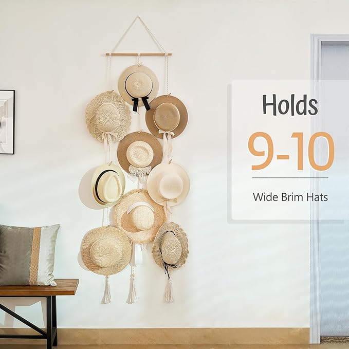 Mkono Hat Rack Hat Hangers for Wall Boho Caps Storage Display Organizer with Decorative Tassels Modern Cowboy Womens Hat Disp