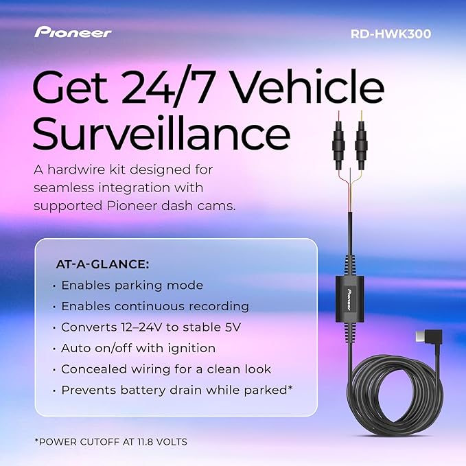 Pioneer RD-HWK300 USB-C Hardwire Kit for Compatible Dash Cams – 12-24V to 5V with Low Voltage Protection, Fuse Safety, Parkin