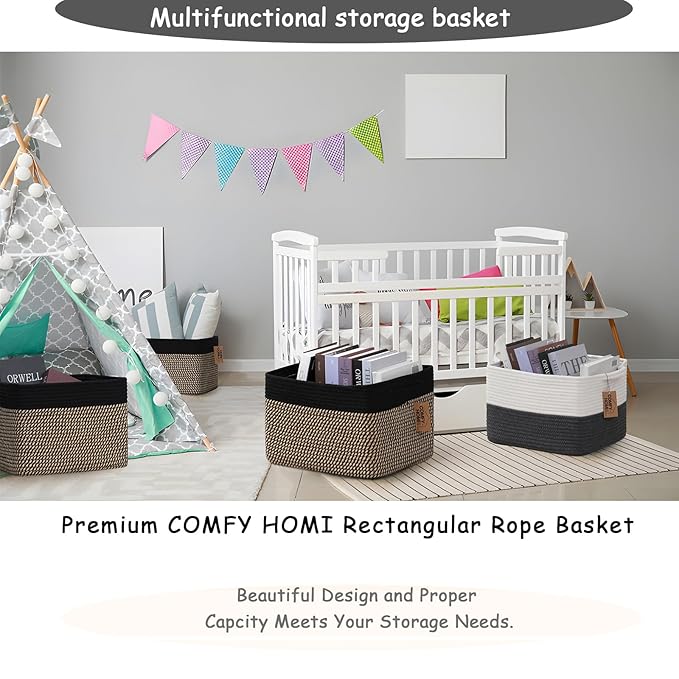 COMFY-HOMI 3PACK Cotton Rope Square Basket with Handles for Shelves|Dog Toy Bin and Storage|Baby Gift|Shoe Organizer|New 13.5