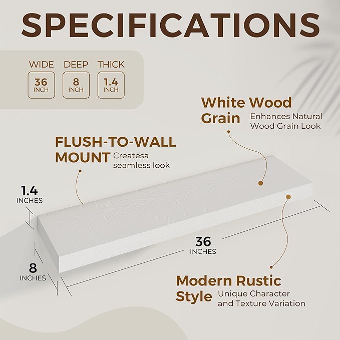 Dreamland 36 Inch Long Floating Shelves in White,8 Inch Deep Floating Shelf for Wall,Large Display & Storage Shelf, Wall Shel