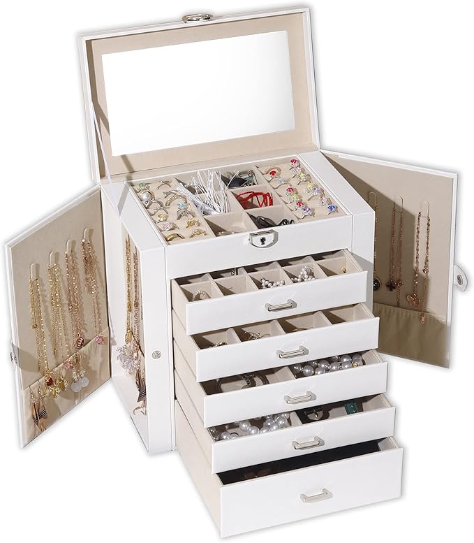 BOOVO Jewelry Box For women, 6 Layer Large Jewelry Organizer With Mirror, Multi-Function Storage Box With Lock, Accessory Hol