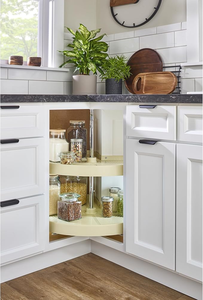Rev-A-Shelf 24" Dual Tier Pie-Cut Lazy Susan Organizer for Base Corner Kitchen Cabinets, Two Plastic Home Storage Shelves, Al