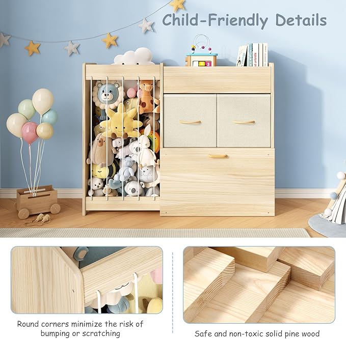 EXPERLAM Toy Organizer and Stuffed Animals Storage, All-in-One Toy Shelf with Stuffed Animal Holder, 2 Drawers, Movable Toy C