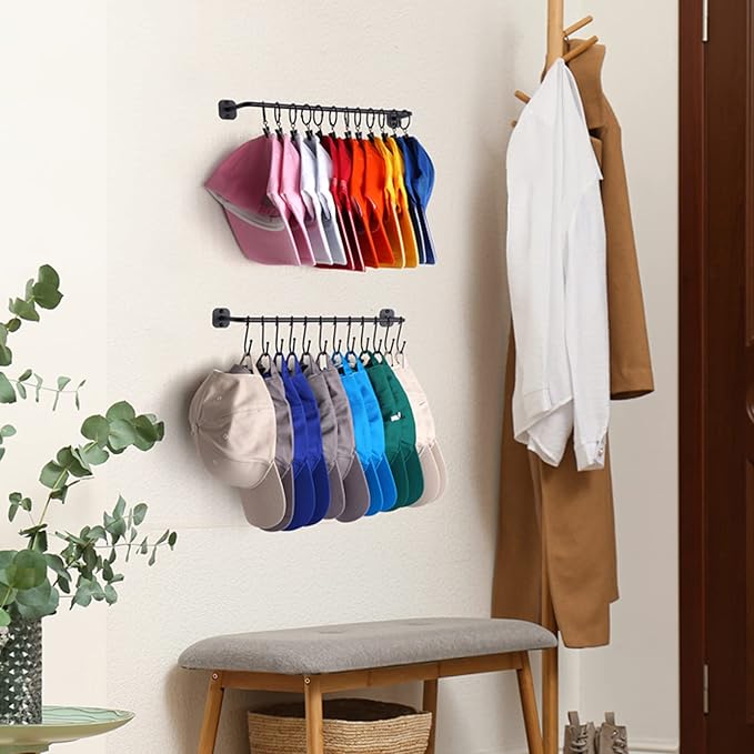 Hat Rack Wall Mount 24 Baseball Caps, Modern Metal Hook with 12 Clips and 12 Hooks Holder Storage Display for Closet Bedroom 