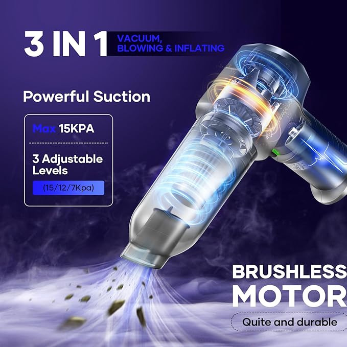 Mini Vacuum Cleaner, 3 in 1 Car Vacuum Cleaner High Power, 15000PA Powerful Suction, Air Duster, 7500mAh, Dual Filter,Adjusta