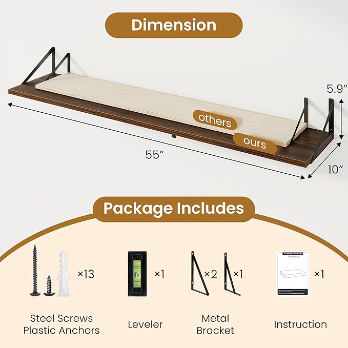Deep Floating Shelves,55" Wx10 D Wood Wall Shelves Set of 2,Long Wood Floating Shelf with Metal Brackets,Floating Bookshelf f