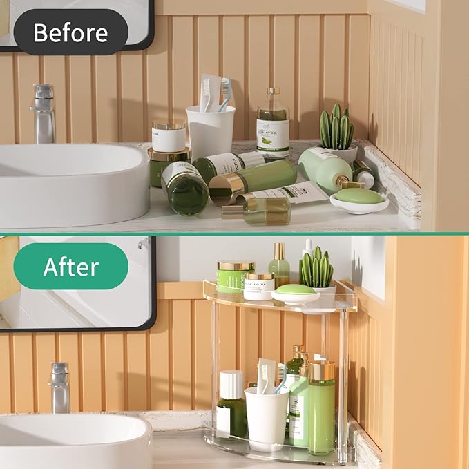 NPPLUS 2 Tier Acrylic Bathroom Counter Organizer, Clear Bathroom Countertop Corner Organizer, 2-Tier Corner Storage Shelf Van