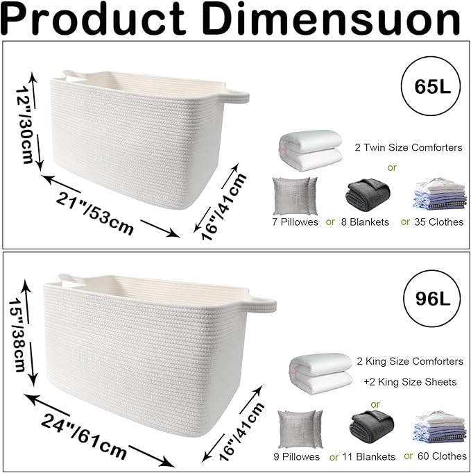 65L Large Blanket Basket,21"x16"x12" Rectangle Storage Bin with Handles,Woven Rope Laundry Basket for Toys, Clothes,Pillows,M
