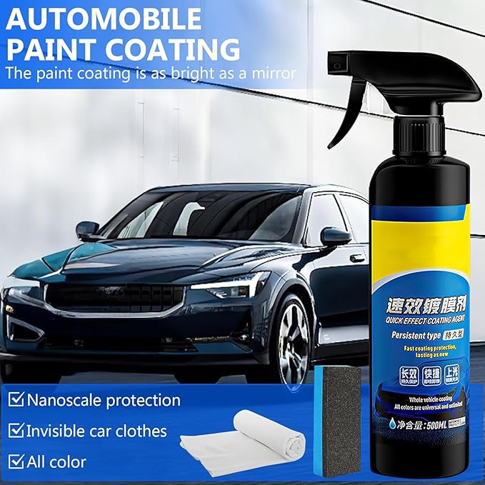 Car Coating Spray Set, Quick Effect Coating Agent, Quickly Coat Car Wax, Scratch Wax Polish Spray Extremely Hydrophobic, Oil Film Emulsion Glass Cleaner (1PCS+Sponge+Cloth)