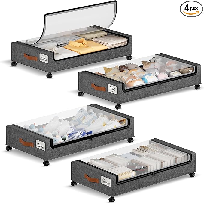 Yecaye Under Bed Storage with Wheels, 4 Pack Under the Bed Storage Containers with Lids & Label, XXL 60L Rolling Underbed Sto