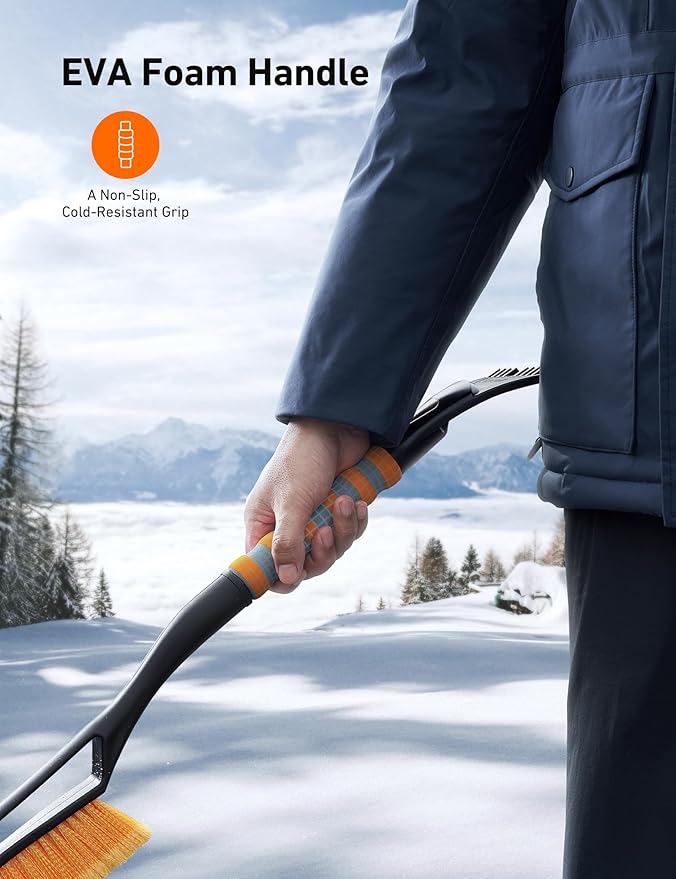 AstroAI 27" Snow Brush and Ice Scrapers for Car Windshield, Detachable Snow Scrapers with Ergonomic Foam Grip for Cars, Trucks, SUVs (Heavy Duty ABS, PVC Brush, Orange) (Pack of 2)