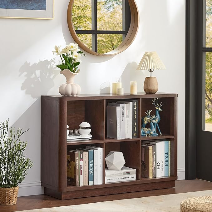 Joaxswe 6 Cube Storage Bookcase, 40" Wide Low Horizontal Book Shelf with Curved Edge, Wood Floor Standing 2-Tier Bookshelf wi