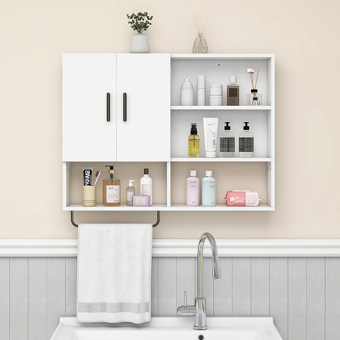 Medicine Cabinet, Wooden Bathroom Wall Cabinet with 2 Doors, Adjustable Shelves & Towel Bar, Over Toilet Storage Cabinet Wall