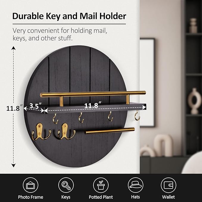 Nekon Wall Mount Key Holder, 11.8 Inch Rack With Shelf and 6 Hooks, Rustic Mail Organizer, Circular Wooden Hanger for Entrywa
