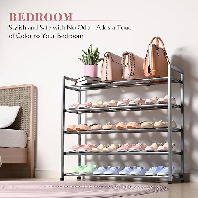 Bumusty 5-Tier Expandable Shoe Rack for Closet, 18“-33” Adjustable Shoe Rack for Small Space, Small Shoe Organizer for Front 