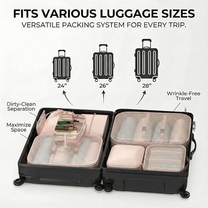 8 Set Packing Cubes for Travel with Clear Toiletry Bag, Durable Luggage Packing Organizers, Carry-On Accessories, TSA Approve