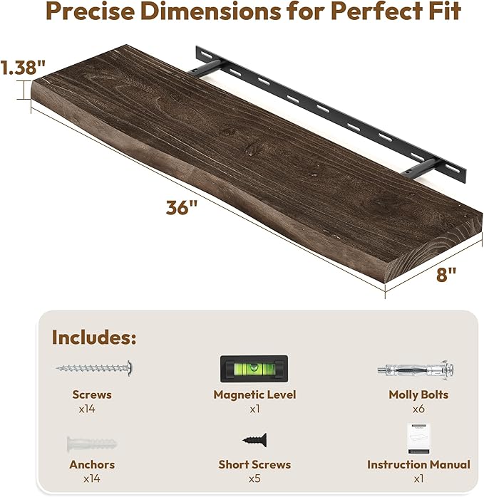 Vivelove Live Edge Floating Shelves 36 inch Long, Elm Wood Wall Display Shelf with Invisible Bracket for Living Room Bedroom 