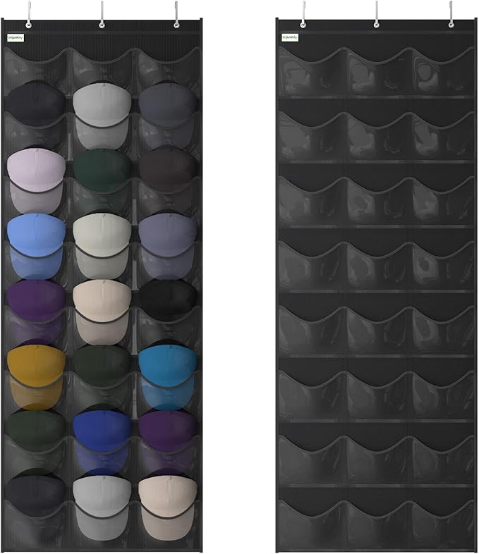 Unjumbly Baseball Hat Rack, 24 Pocket Over-The-Door Hat Organizer with Clear Deep Pockets to Display Baseball Caps Collection