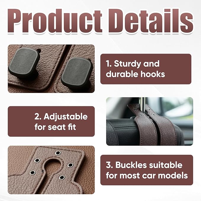 Headrest Hooks for Car, 4 Pack Car Seat Back Organizer Storage Hook, Double Hook Leather Car Seat Hooks for Purses and Bags, Groceries, and Accessories (Black*2+Brown *2)