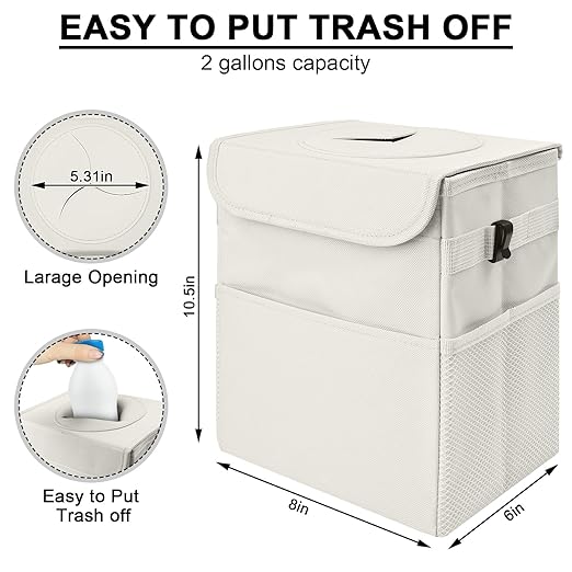 Car Trash Can Bin with Lid - Collapsible Car Garbage Can with Storage Pockets-Beige Mini Leakproof Vehicle Trash Bag-Small Automotive Organizers and Storage for Back/Front Seat SUV Truck Accessories