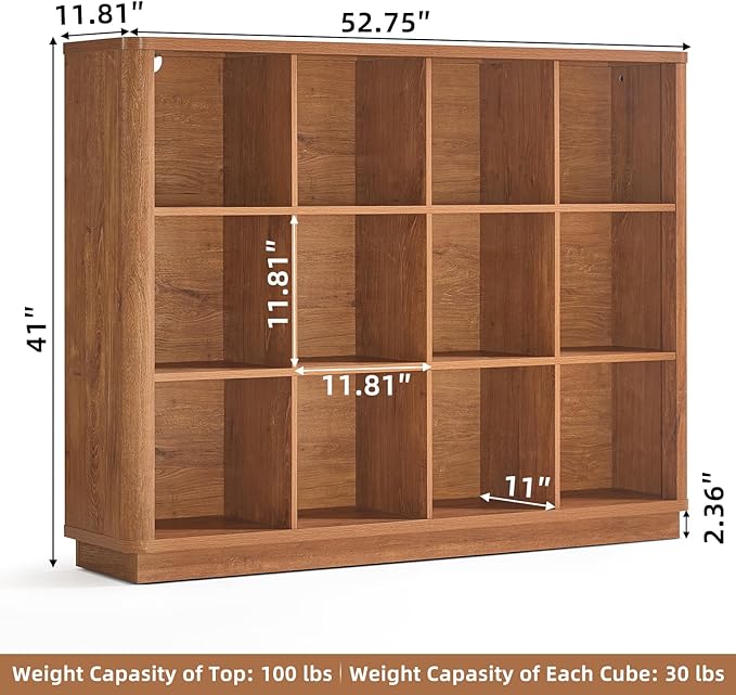 Joaxswe 12 Cube Storage Organizer, 41" Wide Large Bookshelf with Curved Edge, Wood Floor Standing 3-Tier Cubby Bookcase w/Bas