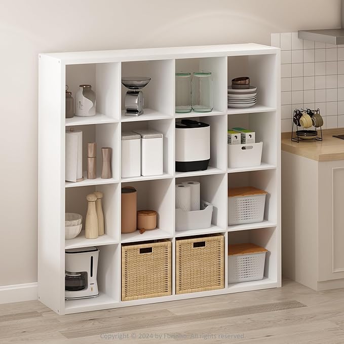 Furinno Simple Cube Storage Organizer, 16-Cube Display Shelf, Open Back Shelving Unit, Storage Shelves, Extra Thick Frame, fo