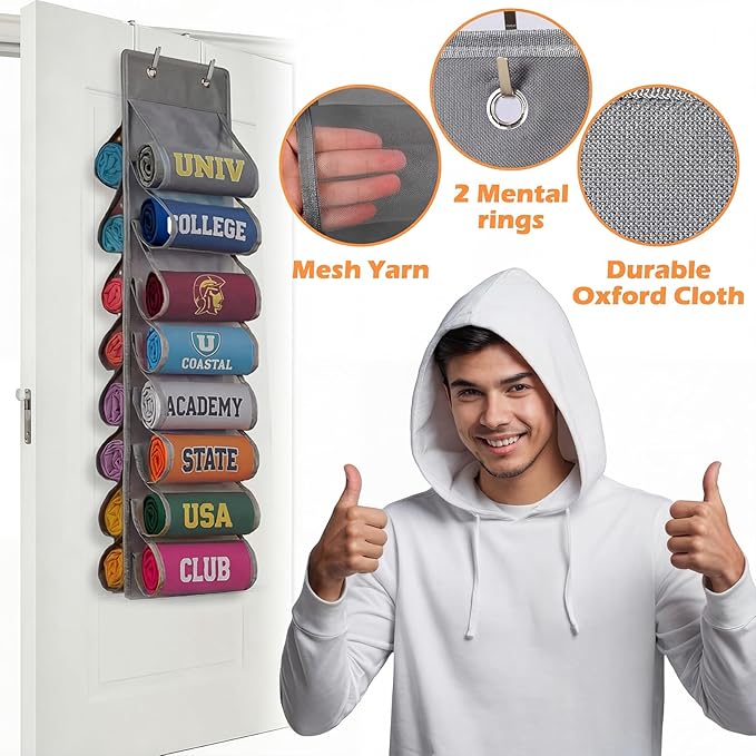 Over the Door Hoodie Organizer, Double Sided Holds 16 Hoodies, Gray Hanging Storage with 2 Hooks and Rope for Door Closet Cab