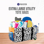 Extra Large Utility Tote Bag - Oversized Collapsible Reusable Wire Frame Rectangular Canvas Basket With Two Exterior Pockets For Beach, Pool, Laundry, Car Trunk, Storage - Damask Black