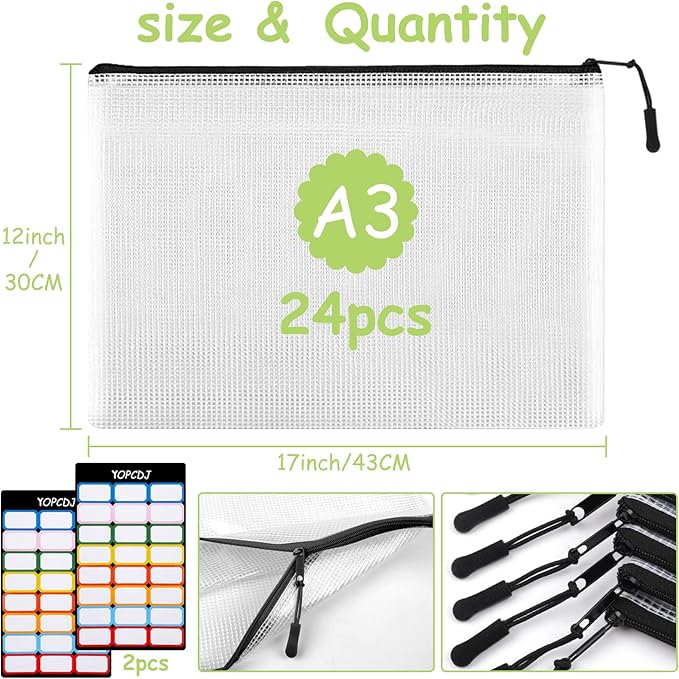 24pcs Mesh Zipper Pouches, A3 Size 17 x 12 inches Waterproof Black Zipper Bags, Water-Resistant Plastic Zipper Pouch for Scho
