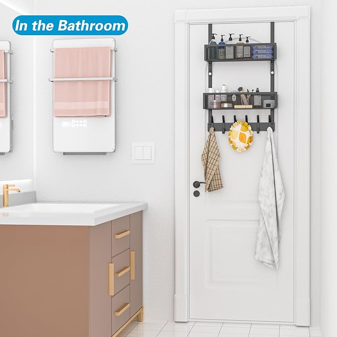 Over The Door Hooks Organizer, Over The Door Towel Rack with 12 Coat Hooks and 2 Mesh Basket, Bathroom Door Organizer Back of