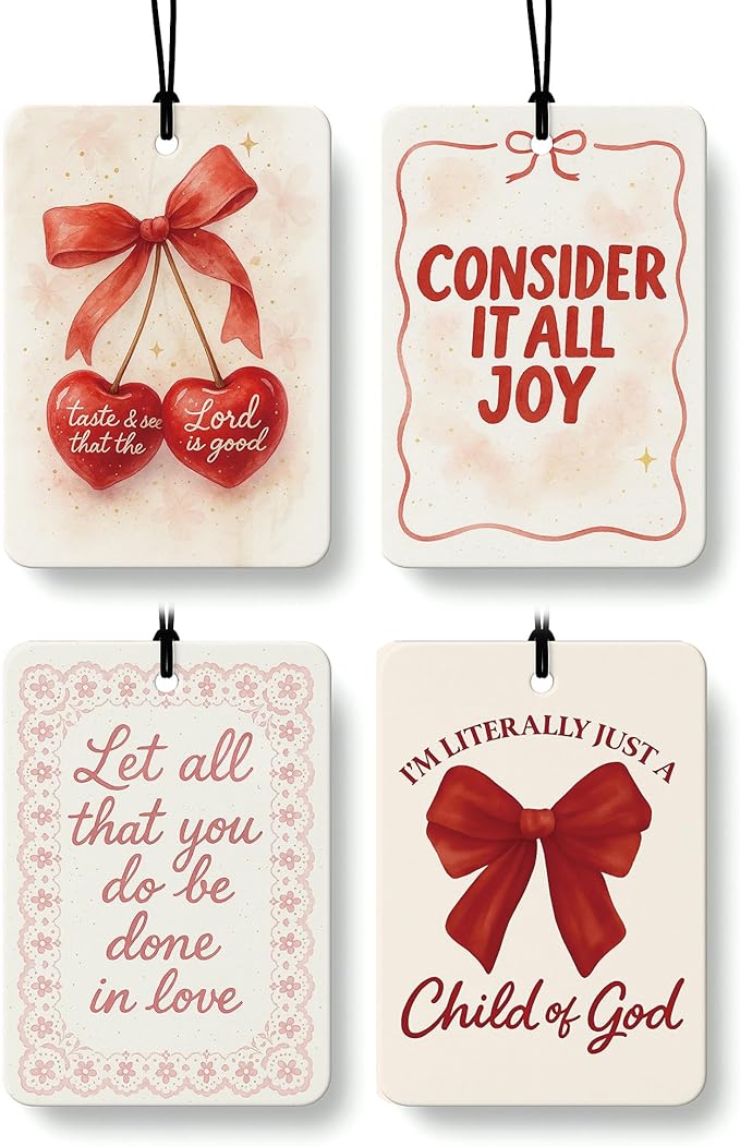 Red Coquette Bow Cherry Christian Car Air Freshener 4 Pcs, Girly Preppy Floral Religious Hanging Air Freshener for Cars Close